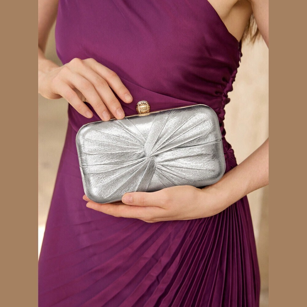 Silver Pleated Metallic Box Clutch with Gold Kissing Lock Clasp